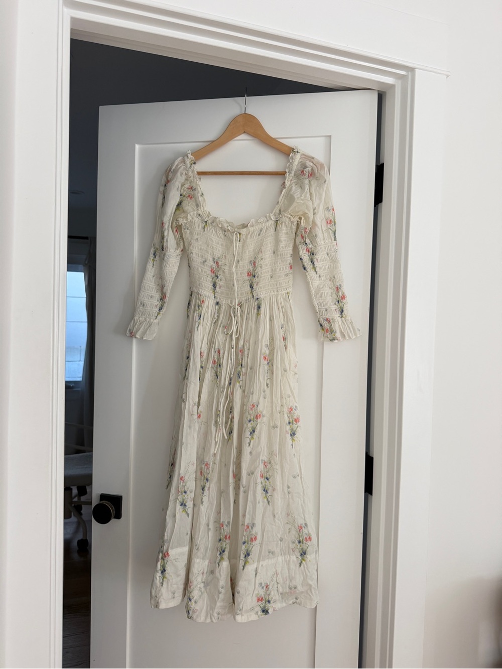 Doen Cream Maxi Dress with Pink & Green Floral Embroidery